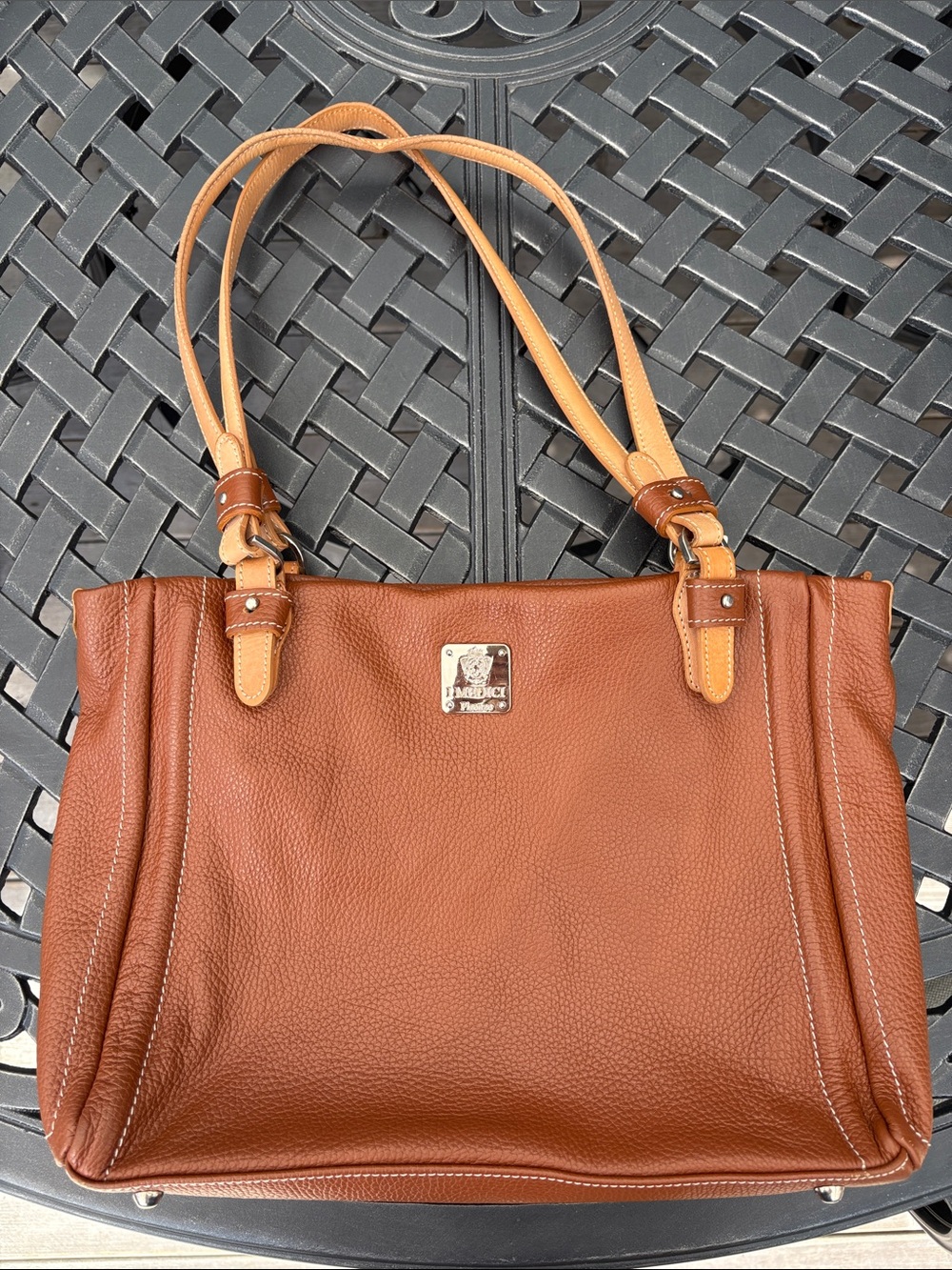 Pebbled Brown Leather Shoulder Tote with Contrast Straps